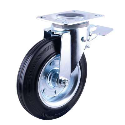 Dynamic load capacity 250kg rubber tread steel core swivel brake 200mm 8 inch trash can caster wheel